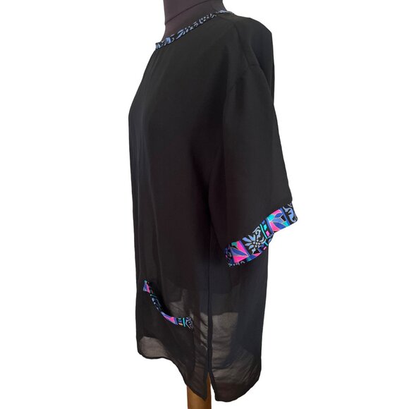 Jantzen Black, Sheer Beach Coverup With Multicolored bordered Neckline Sleeves - Picture 3 of 8